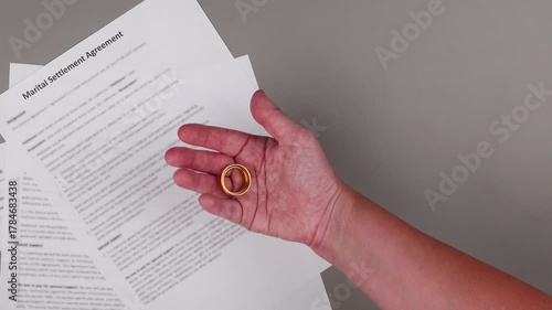 Marital Settlement Separation Agreement paper document on table, ready for signature, symbolizing wedding, divorce, prenuptial contract, breakup and separation.