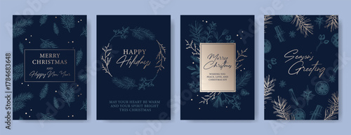 Set of dark blue Christmas and New Year greeting cards with botanical illustrations of pine branches, cones, and twigs. Winter holiday and Christmas celebration concept