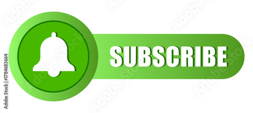 Subscribe button icon. Green bell symbol. Channel follow Vector. Notification graphic element.