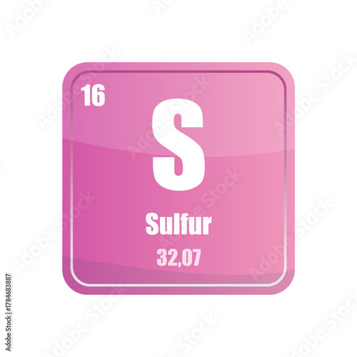 Sulfur chemical element tile. Atomic number sixteen. S sign Vector icon. Pink violet square shape.