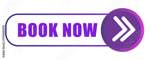 Book now button. Purple arrow navigation. Online Vector reservation. Instant booking click.