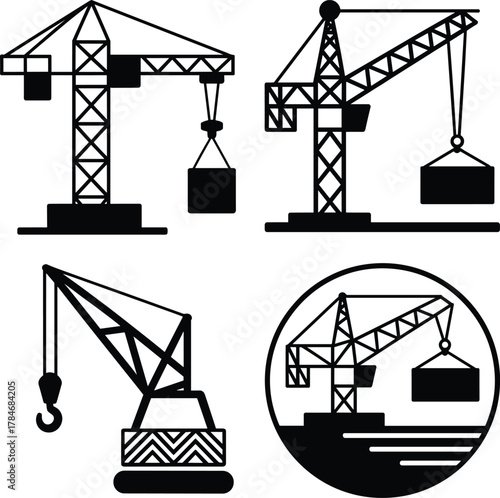 Construction crane silhouette vector set with industrial lifting equipment, tower cranes, heavy machinery and building site engineering symbol illustration.
