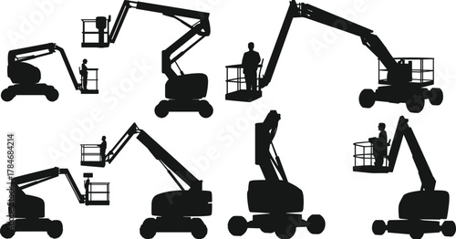 Construction lift platform silhouette vector illustration showing workers using boom lifts, aerial work platforms, industrial equipment and maintenance machinery design