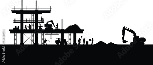 Construction site silhouette with workers, cranes, trucks, and excavators building bridge structure, industrial engineering, heavy equipment, and teamwork concept illustration