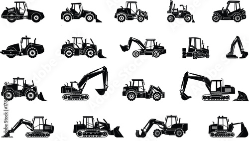 Construction vehicles vector set with bulldozers, excavators, tractors, and loaders in black silhouette style, perfect for building, engineering, and heavy equipment illustration design