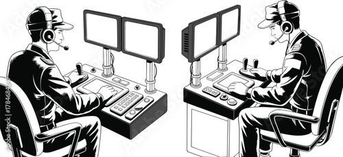 Control room operator using computer and joystick at workstation with dual monitors vector illustration for industrial, engineering, and technology concept.