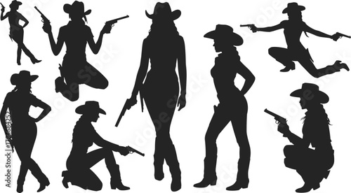 Cowgirl silhouette collection with cowboy hats and pistols, stylish western women posing vector illustration for wild west themed design.