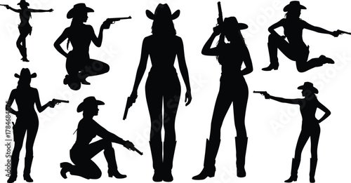 Cowgirl silhouette set with guns and cowboy hats, western woman poses vector illustration for wild west theme design and artwork.