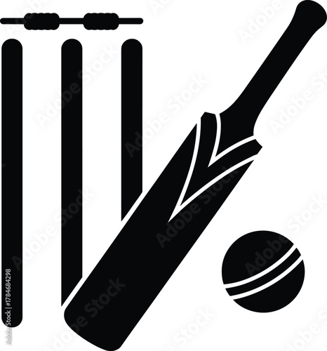 Cricket bat ball and stumps silhouette vector illustration, sports icon design for cricket match, black equipment isolated on white background