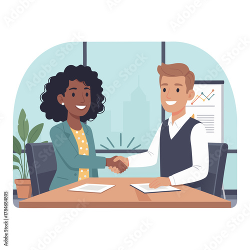 Two diverse business partners shake hands across a table in a modern office meeting room with a large window overlooking a cityscape and a presentation chart in the background symbolizing successful