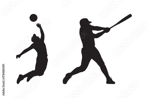 Silhouettes of a baseball player swinging a bat and a player catching a ball