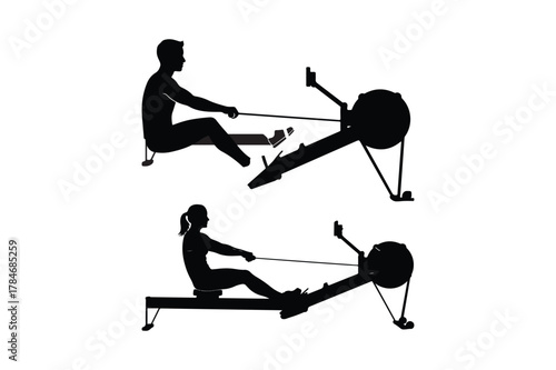Silhouettes of a man and woman exercising on rowing machines