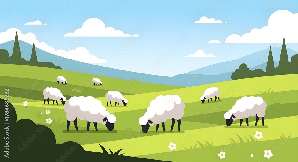 Obraz premium Flock of sheep grazing peacefully on a lush green rolling hills landscape under a blue sky.