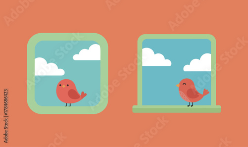 Cute Red Bird Sitting by the Window Looking at the Sky and Clouds, Minimalist Flat Vector Illustration of Nature and Serenity