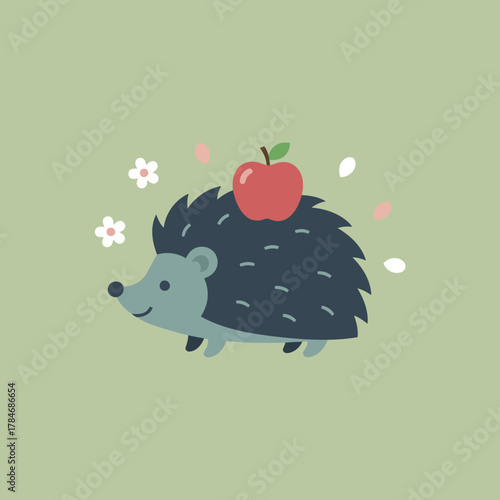 Cute Blue Hedgehog Carrying a Red Apple on its Spines with Flowers and Petals, Minimalist Flat Vector Illustration