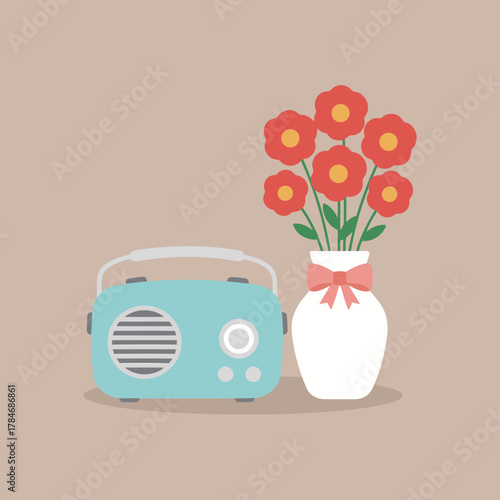 Retro Blue Portable Radio and a Vase of Red Flowers with a Pink Bow, Minimalist Flat Vector Illustration of Nostalgia and Home Decor