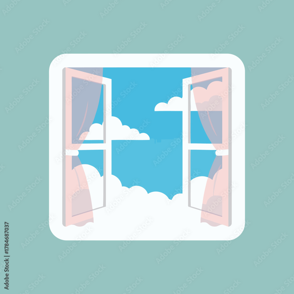 Obraz premium Open window with light pink translucent curtains against a bright blue sky filled with fluffy white clouds, representing freedom and fresh air.