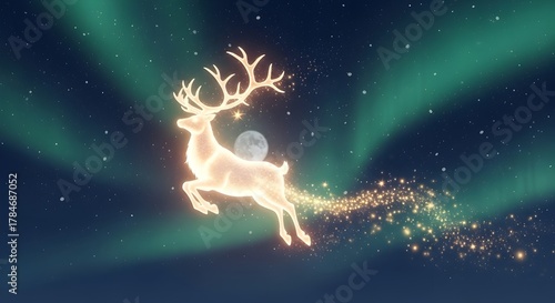 Ethereal Glowing Reindeer Soaring Under the Northern Lights with Golden Sparkle Trail