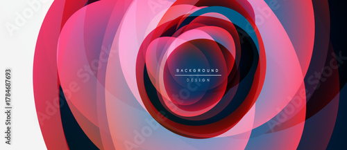 Abstract circular layers, vibrant colors, modern design. Pink, blue, red hues create dynamic visual effect. Minimalist text present.