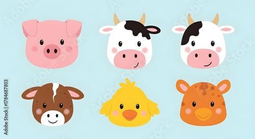 Wallpaper Mural A collection of six cute and colorful cartoon farm animal characters including a pig, cow, horse, duck, and a deer, set against a light blue background Torontodigital.ca