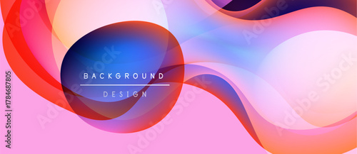 Abstract fluid shapes blend, creating vibrant pink, blue, red gradients. Text reads background design within central form. Modern, dynamic composition.
