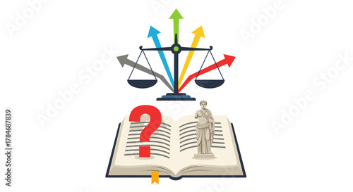 Legal Scales and Open Book with Question Mark and Statue, Generative AI.