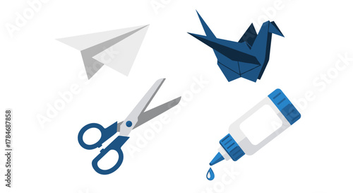 Origami paper crafts scissors and glue art supplies, Generative AI.