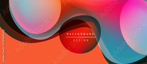 Abstract fluid shapes, vibrant colors blend. Dynamic composition creates modern background design. Orange, red, blue hues dominate.