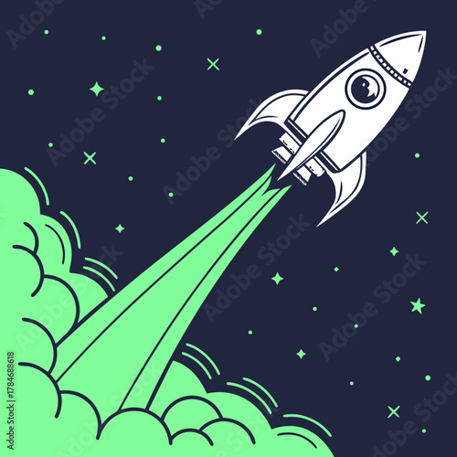 Retro rocket blasting off into starry night sky with green smoke trail