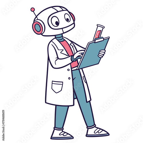 Cute cartoon robot scientist in lab coat holding clipboard and test tube