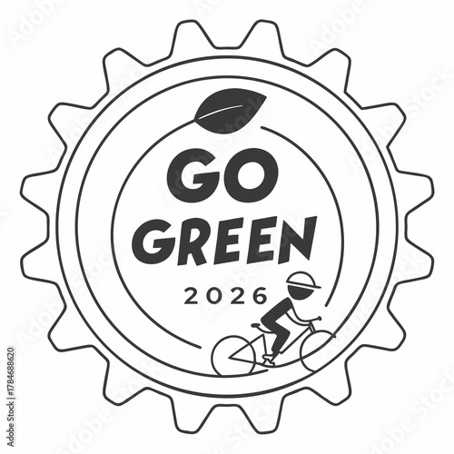 Go green 2026 cycling emblem with leaf and bottle cap border