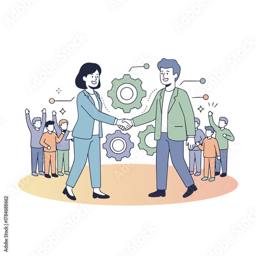 Two friends in business attire shake hands respectfully as a diverse group of people cheer in the background with gears symbolizing teamwork and collaboration in a cartoon style illustration with a