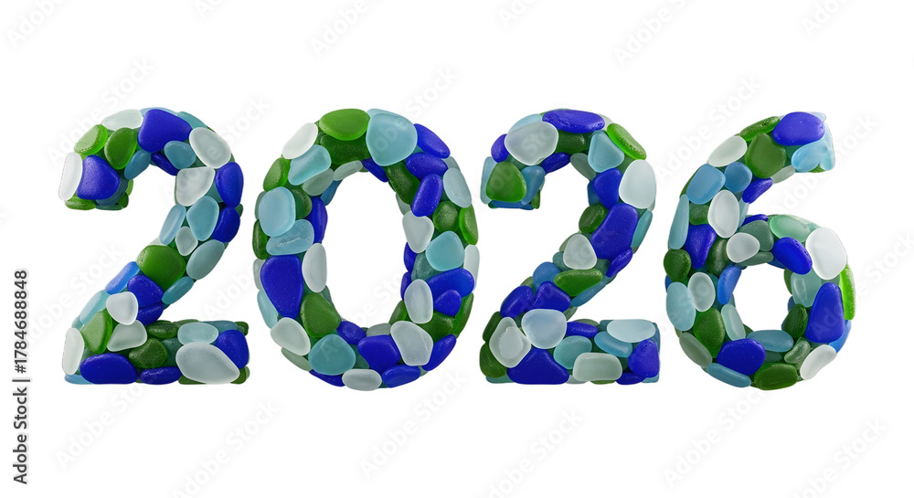 Fototapeta premium 2026 Text Art: Colorful Sea Glass Pebbles Forming Numbers png clear alpha channel cutout isolated on transparent background