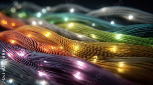 Colorful, glowing fiber optic strands woven together, symbolizing the synergy of a high-speed data network.