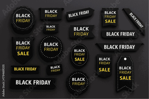 Black friday sale tags. Set of black ribbons, stickers, labels, banners for discount Badges, promo, New Offer, buy now with the inscription on a black background. Perfect for web shopping store, shop.