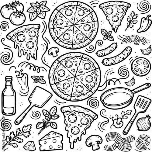 seamless pattern with doodle elements of pizza