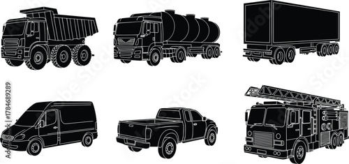 Utility vehicle silhouette, dump truck clipart, tanker vector, semi-trailer graphic, cargo van icon, pickup drawing, fire truck set