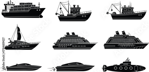 Watercraft vector silhouette, cargo ship, fishing boat, cruise ship, sailboat, speedboat, submarine, maritime transport icon set, editable clipart