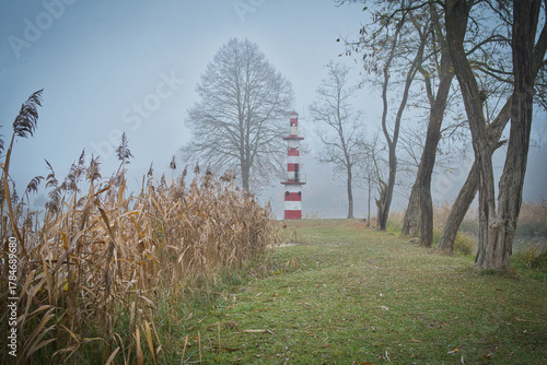Fototapeta Naklejka Na Ścianę i Meble -  foggy morning in the lakein Tarka Jaworzno polish old holiday resort