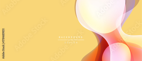 Abstract yellow backdrop features overlapping translucent shapes. Gradient colors blend, creating modern design element. Minimalist aesthetic.