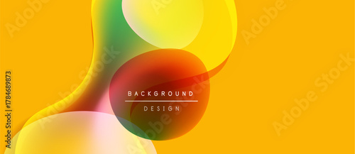 Abstract fluid shapes overlap, creating vibrant yellow, orange, pink gradients. Text reads background design within central form. Modern aesthetic.