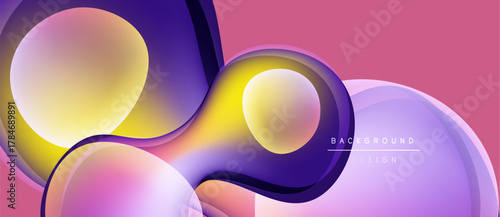 Abstract fluid shapes overlap, creating vibrant color gradients. Pink, purple, yellow hues dominate design. Modern, dynamic composition.