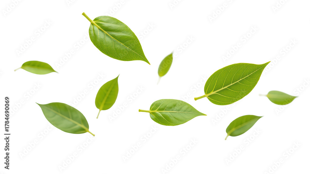 Naklejka premium Fresh green leaves floating gracefully in air, showcasing vibrant colors and natural beauty. Perfect for nature themed designs