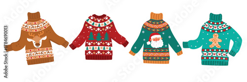 Scandinavian patterned sweaters set. Cozy warm clothes with folk ornaments and prints of deer, Santa, christmas trees, gingerbread men. Vector cartoon objects on white.    