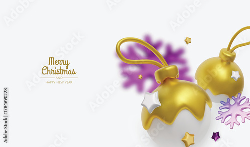 Happy New Year and Merry Christmas. Christmas holiday background with realistic 3d objects, bauble balls, conical metal stars. Levitation falling design composition.