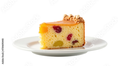 Delicious cake slice with colorful fruit pieces, served on white plate, showcasing moist texture and appealing presentation