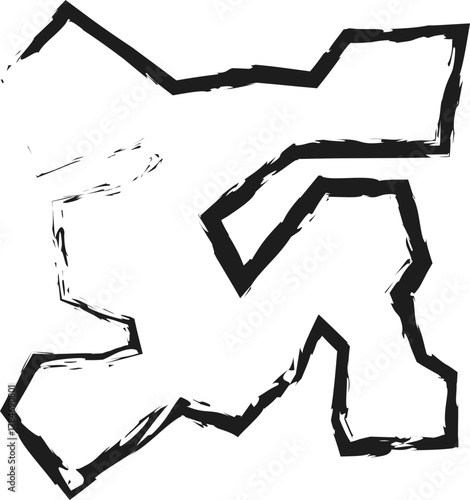 Irregular polygon with sharp edges and a brushed outline, forming a rigid, structured shape.