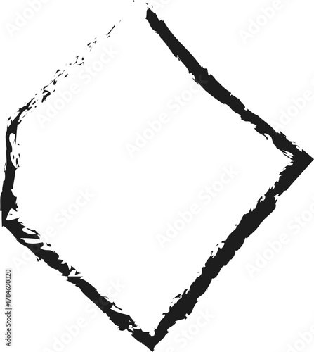 Square with straight edges, irregularly brushed outline, and an abstract geometric form.