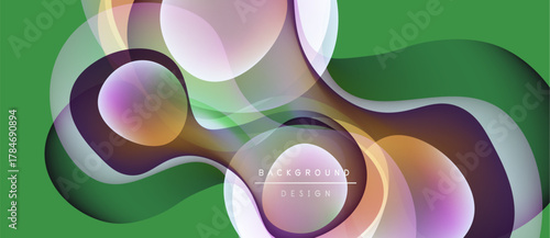 Abstract fluid shapes overlap, creating vibrant color gradients. Green background complements purple, orange, white elements. Modern design.