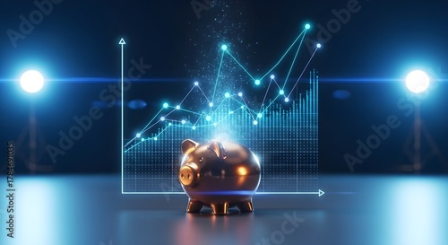 Golden piggy bank glows amidst dynamic financial charts, symbolizing modern investment growth, digital savings, and wealth accumulation for future prosperity